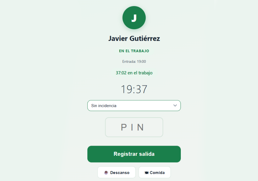 Captura de fichaje del trabajador